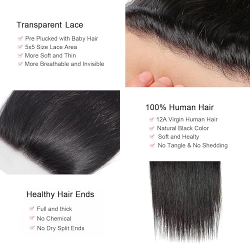 16 Inch Natural Black HD Lace Closure - Straight Brazilian Human Hair Pre Plucked with Baby Hair