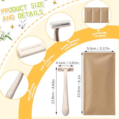 LemonRoad 100 Pcs Individually Wrapped Disposable Razors Bulk for Women Men Biodegradable Portable Twin Blade Shaving Razor Wheat Straw Shavers for Hotel Homeless Shelter Charity Camping Travel