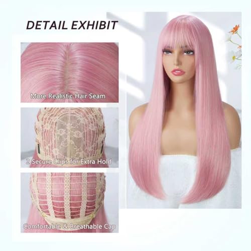 Pink Long Straight Wig with Bangs for Women 24 Inch Heat-Resistant Synthetic Cosplay Halloween