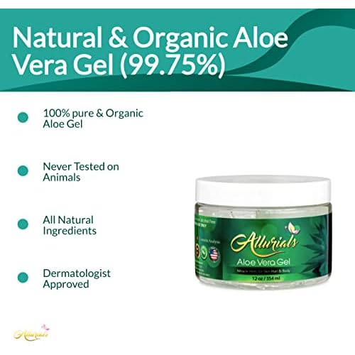 Allurials 99.75% Pure & Organic Aloe Vera Gel - Made in USA, Clinically tested & Dermatologist approved, Hydrates & Heals Dry & Damaged Skin & Hair- 12 Oz