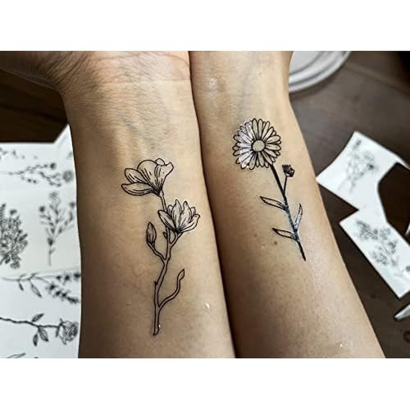 18 Sheets Realistic Temporary Tattoo, Tiny Branch Black Flower Temporary Tattoos for Women Girls Kids, Bouquet Small Tattoo Temporary Sticker Wild Plant Floral Fake Tattoos