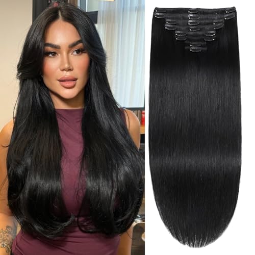 TOHASI Jet Black 1# 20-inch Human Hair Clip-in Extensions 8pcs Seamless Brazilian