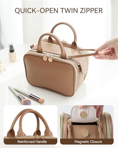 Prite Brown Large Travel Makeup Bag with Standing Brush Holder – Waterproof Cosmetic Organizer