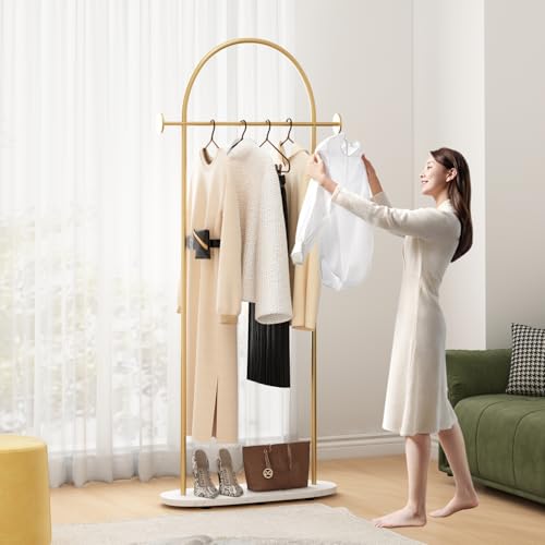 FONECHIN Gold Clothing Rack with Marble Base - Freestanding Coat Rack 67"H for Entryway Bedroom Living Room