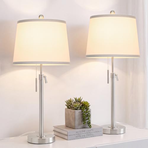 Silver White Shade Set of 2 Modern Adjustable Table Lamps - 22 to 30 Inch Bedside & Living Room Lighting