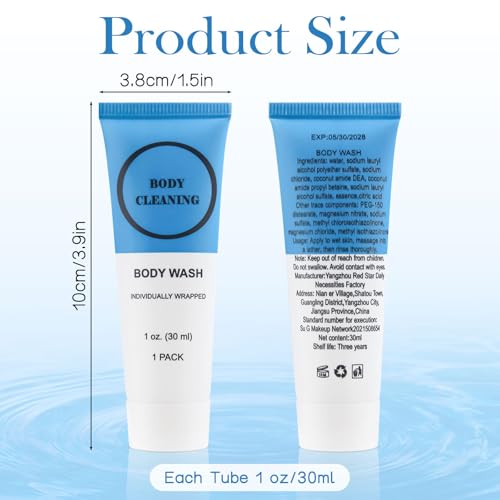 Travel Size Body Wash, Individually Wrapped Bulk 1 oz/30 ml Mini Shower Gel Set Trial Sample Small Single Use Toiletries Amenities Kit for Men & Women for Hotel/Camping/Vacation/Homeless (100 Pack)