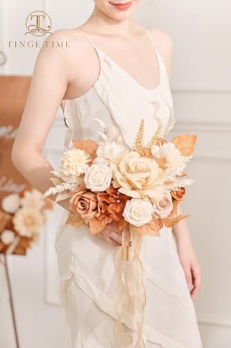 7-Inch Wedding Bouquets for Bridesmaid Set with Burnt Orange & Champagne Ribbons