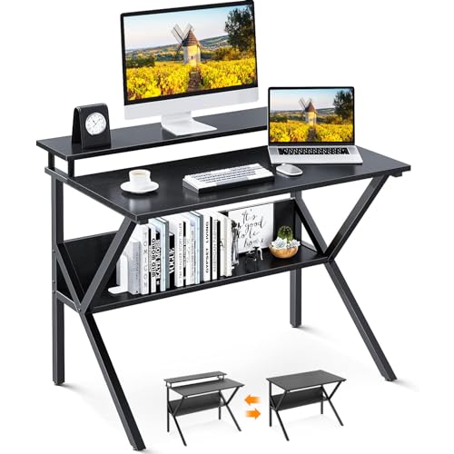 ODK 27.5 Inch Small Desk with Storage & Monitor Stand Black - Compact Home Office