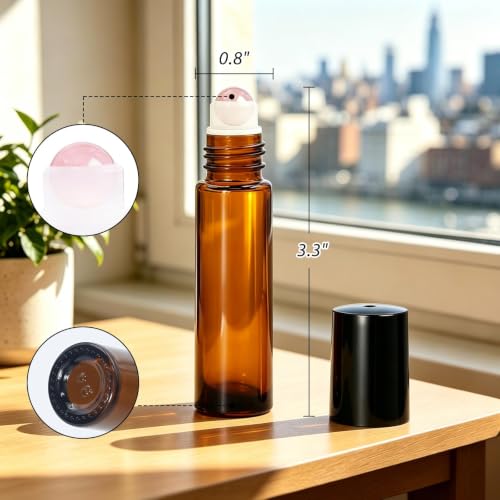 Amber Rose Quartz 10ml Essential Oil Roller Bottles, 60 Pack – Leakproof