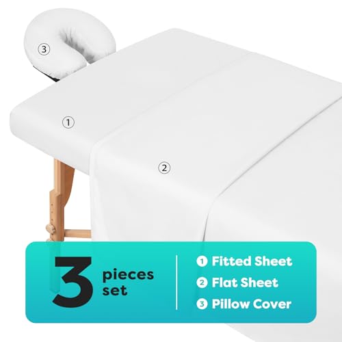 Comfyanno 4 Sets Massage Table Sheets Sets, 3 Pcs Professional Microfiber Massage Bed Sheets, Soft, Light-Weight, Stain & Wrinkle Resistant, Includes Flat & Fitted Sheet, Face Cradle Cover - White