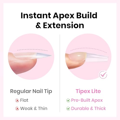 Beetles Tipex Lite Pre-Built Apex Nail Tips Kit, Coffin Long, 256pcs 16 Sizes, with Tipex Nail Glue, Dehydrator, Primer, Base & Top Coat, Mini UV Lamp, All-in-One Gel Nail Kit