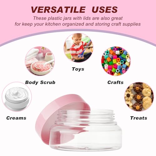 24 Pack 5 oz Clear Pink Plastic Cosmetic Jars with Lids & Labels - Reusable & Leakproof