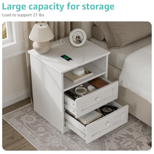 White Wooden Nightstand with Charging Station and LED Lights - Modern Bedside Table with 2 Drawers