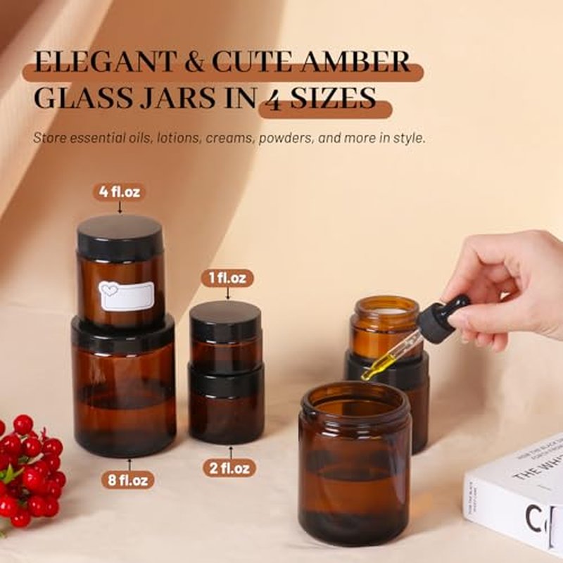 2oz Amber Glass Jars with Lids 24Pack- 2 oz Airtight Small Jars with Lids&Stickers for Cosmetics, Body Butter, Candle Making (2fl.oz-24Pack)