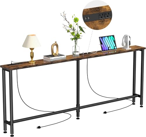 Keelian 102-Inch Rustic Brown Narrow Console Sofa Table with Power Outlets & USB Ports