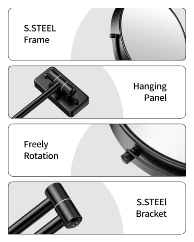 9-Inch Wall Mount Magnifying Mirror Black 1X/10X Double-Sided Swivel Vanity