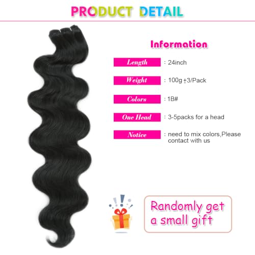 Goodear 24 Inch Black Synthetic Body Wave Hair Extensions - Pack of 3, 100g Each, 1B#