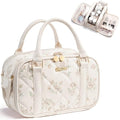 Travel Makeup Bag, Large Capacity Quilted Toiletry Bag for Women Stand-up Cosmetic Bag Open Flat Make Up Case Organizer Portable Pouch Purse w/Handle for Traveling Accessories Beige Floral