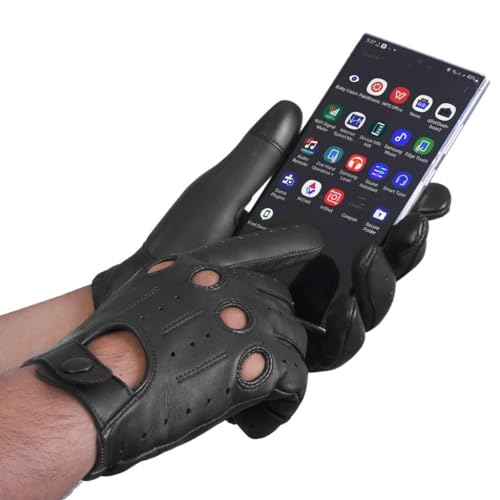 Men's Black Large Leather Driving Gloves - Touchscreen, Breathable, Classic Knuckle Design