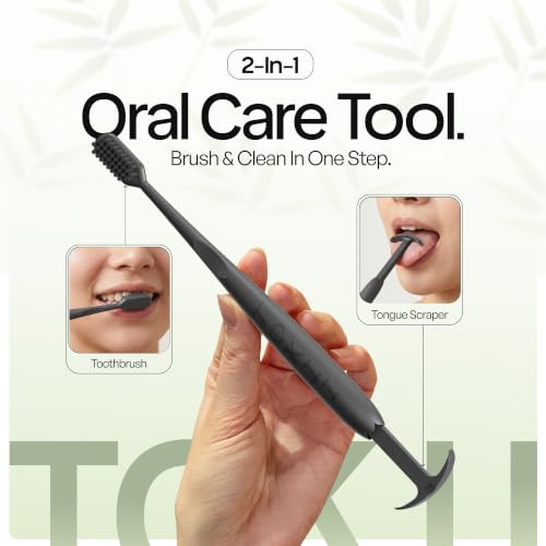 Black TOKII 2-in-1 Tongue Scraper & Toothbrush - Charcoal Soft Bristles, Travel Pouch