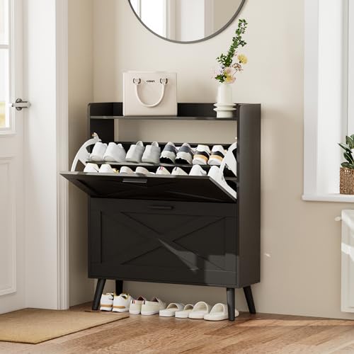 Homleke Farmhouse Shoe Storage Cabinet with Flip Drawers & Barn Door Design - Black