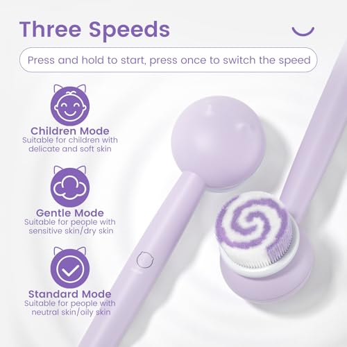 Electric Back Scrubber for Shower Body Brush, Waterproof Shower Body Scrubber for Cleansing, Massaging, Rechargeable Bath Brush for Kids & Adults with 2 Heads & 3 Speed Modes, Taro Purple XY0