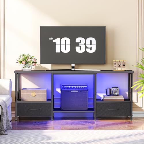 Black LED TV Stand with Storage for 55-Inch TVs, Open Shelves & Drawer