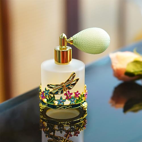 YU FENG 18ml Frosted Refillable Perfume Bottle Round Glass Perfume Spray Bottle Hand-painted Empty Travel Perfume Atomizer Gift (Green Dragonfly With Flowers)