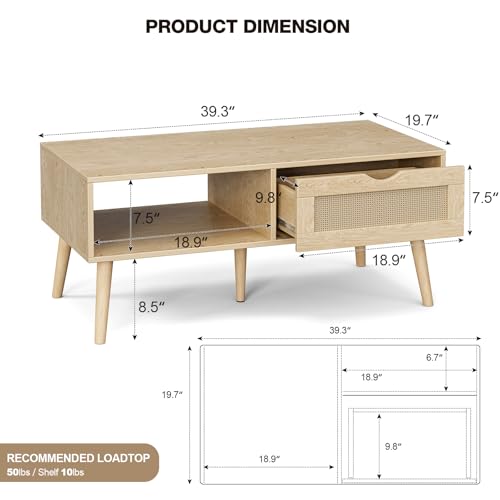 Oak Rattan Coffee Table with Drawer - Boho Natural Finish, Rustic Style