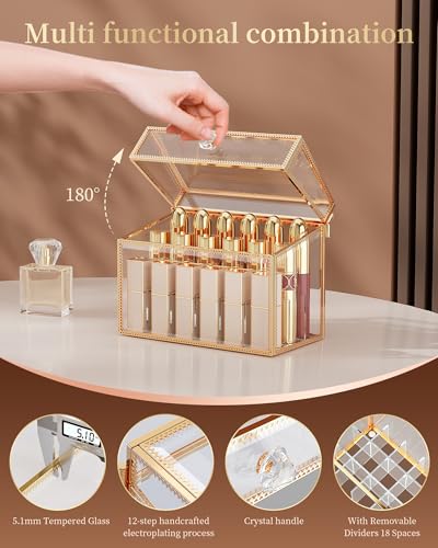 CoralHouse Glass Lipstick Organizer with Lid - Gold 18-Slot Vanity Storage