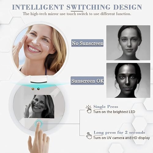 Travel Mirror with Light Intelligent Touch Control Brightness Adjustment UV Camera Lens Testing Compact Makeup Mirror with Magnification Portable LED Vanity Mirror for Travel and Home Use