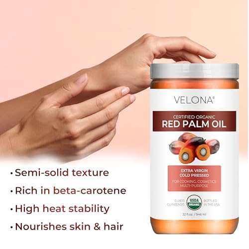 velona USDA Certified Organic Red Palm Oil 32 Fl Oz | Food and Cosmetic Grade | in jar | Extra Virgin, Cold Pressed | Skin, Face, Body, Hair Care | Use Today - Enjoy Results