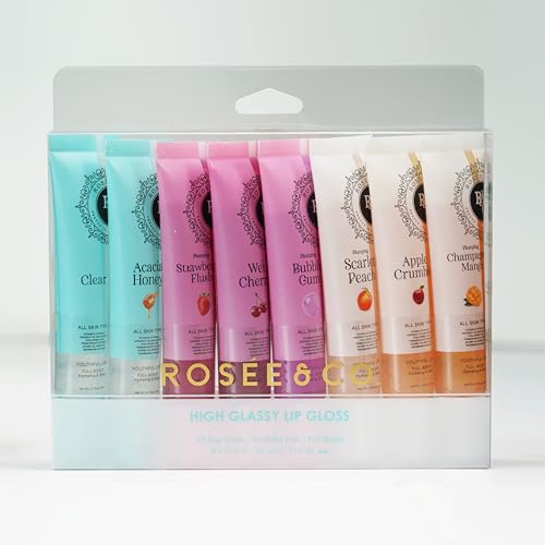 Rosee Lip Gloss Vegan & Cruelty Free Treatment, Professional Make up, Long Lasting Glossy with Shea Butter, Moisturize, Protect & Smooth, High Shine, Non-Sticky (z2. Set of 8-3, 0.5)