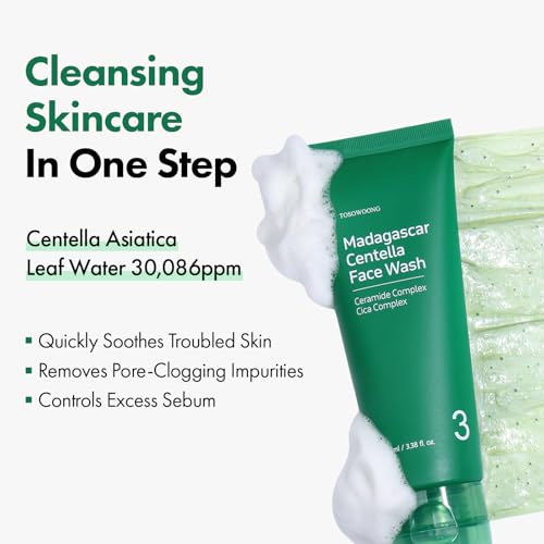 TOSOWOONG Madagascar Centella Face Wash, Mochi Whip with Capsules for Blackheads, Clogged Pores, Excess Sebum, Troubled Skin, Calming with 9 Cica Complex, Korean Skincare, 100 ml / 3.38 fl. oz.