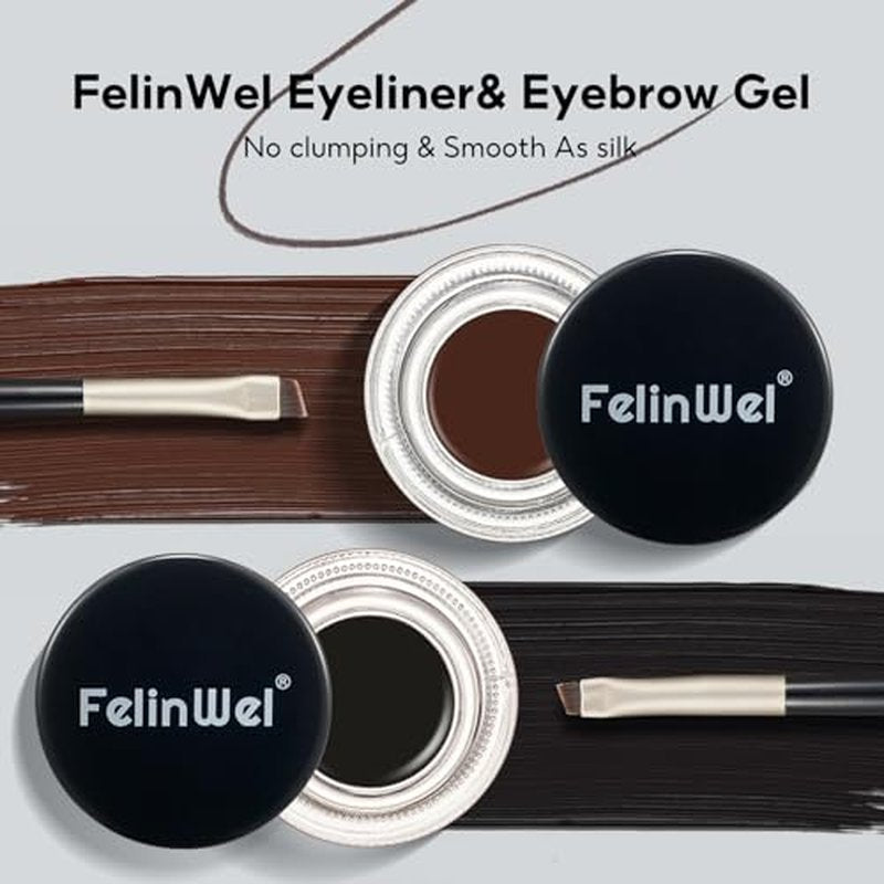 2Pcs Gel Eyeliner and Eyebrow Pomade Cream with 2 Brushes Waterproof Long Lasting, Black and Brown