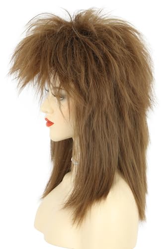 Long Curly Brown Wig with Necklace for Cosplay 70s 80s Rocker Style