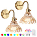 Flower Amber Rechargeable Battery-Operated Wall Sconce Set of 2 - Dimmable Wireless Brass Lamps with Remote for Bedroom Living Room