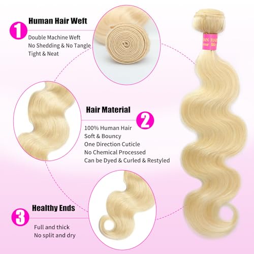 QBRVP 12-Inch Blonde Body Wave Human Hair Extensions - 613 Virgin Brazilian Bundles, Easy to Dye, Tangle-Free, 3X-Lifespan