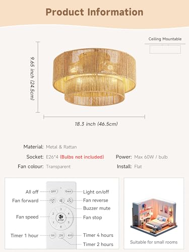 Gold Boho Caged Ceiling Fan with Light Flush Mount - Handwoven Rattan Fandelier