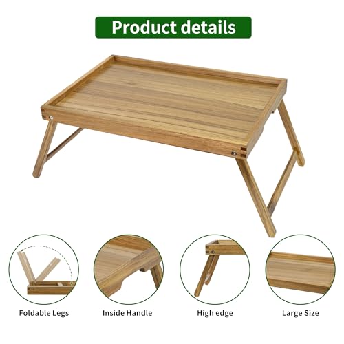 VaeFae Extra Large Acacia Bed Tray Table with Folding Legs – Multifunctional Serving & Breakfast Tray