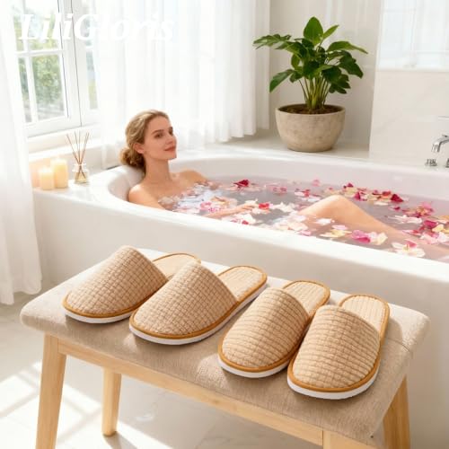 6/10/12 pairs Spa Slippers for Guests, Washable Reusable Disposable Slippers for Women Men, Jacquard Fleece Closed-Toe Design for Hotel, Bathroom, Bedroom, Wedding, Travel, SPA Bulk Slippers for Guest Use