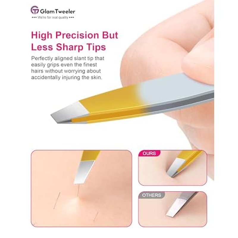 Exclusive G-01 Slant Tip Tweezers, GlamTweeler High Precison Expert Eyebrow and Facial Hair Removal Tweezer with Leather Storage & Carrying Case (Silver & Gold)