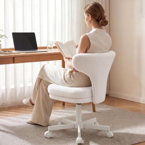 Snow White Teddy Fabric Office & Vanity Chair - Ergonomic Tall Desk Seat