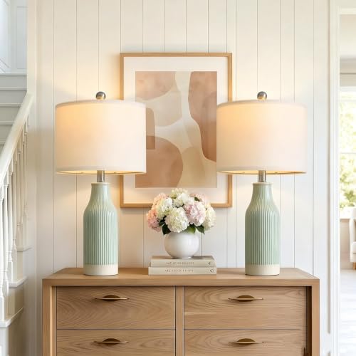 Set of 2 Green Ceramic Table Lamps - Modern 23.75-Inch Bedside Nightstand Lighting
