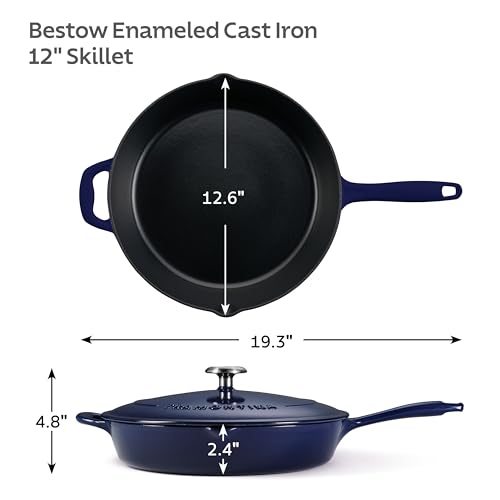 12-Inch Enameled Cast Iron Skillet with Lid - Blue, Durable Nonstick Surface