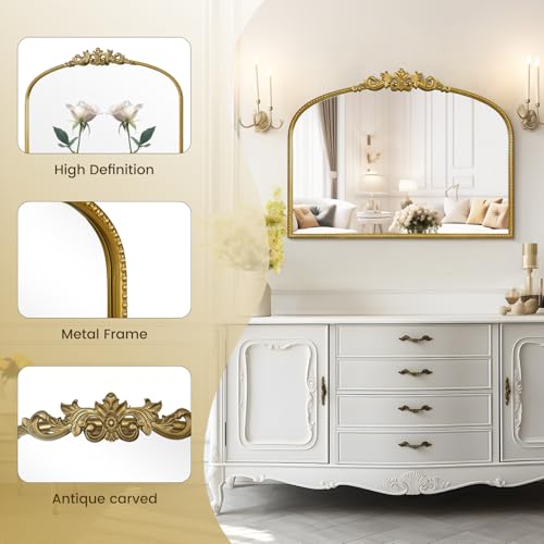 24 x 32 Inch Gold Vintage Wall Mirror with Ornate Frame - Arched Design