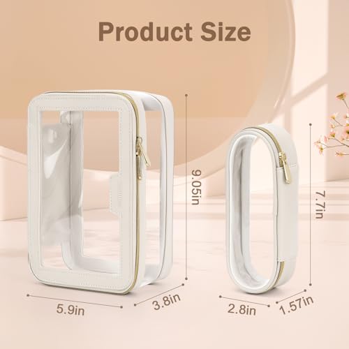 Soimeat L / Off-White Travel Clear Makeup Bag with Brush Organizer, Waterproof Cosmetic Case, Portable Women’s Toiletry Storage