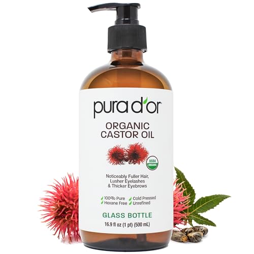 PURA D'OR 16.9 oz Organic Castor Oil (GLASS BOTTLE) Pure Cold-Pressed Hexane-Free USDA Certified ? Lashes Brows Hair Scalp Skin ? Botanical Moisturizer for Softness Strength Hydration Shine Radiance