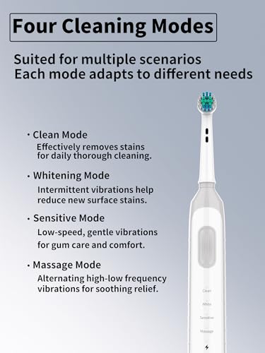 White Rotating Electric Toothbrush - Gentle on Gums, 4 Modes, Waterproof