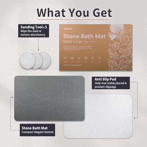 XMarrat Dark Gray Extra Large Diatomaceous Earth Bath Mat 31.5"x19.7" - Non-Slip, Quick Drying Bathroom Rug